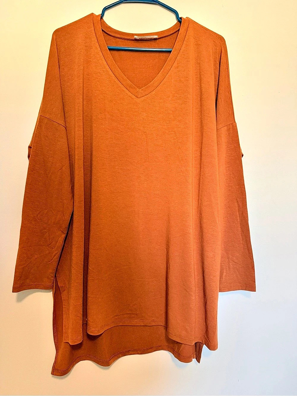 Zenana V-Neck Long Sleeve Tunic Top, Burnt Orange, Large